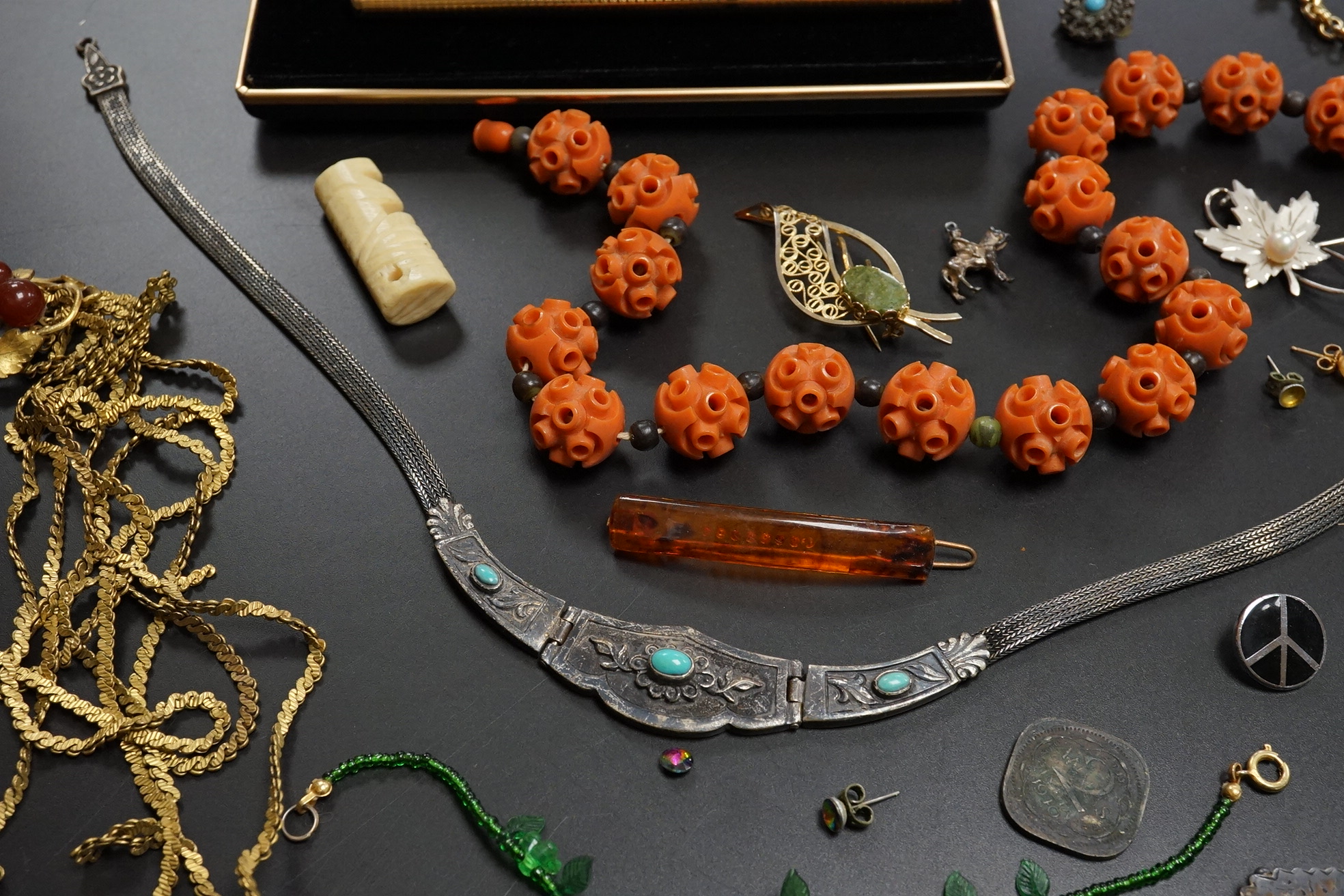 A small group of assorted costume and other jewellery, including a late Victorian silver hexagonal brooch(a.f.) a platinum and gem set ring and two pens Waterman and Elysee.